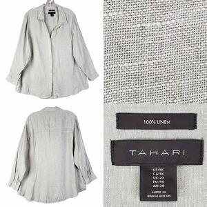 Tahari Shirt Linen Button Up Women’s Plus Size 1X Long Sleeve Green
